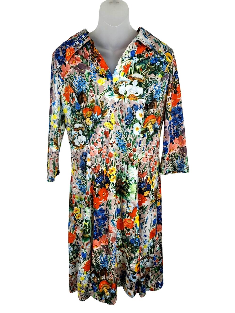 Vintage 60s 70s DAMON Groovy Polyester Pointy Collar Mushroom Floral Dress M/L